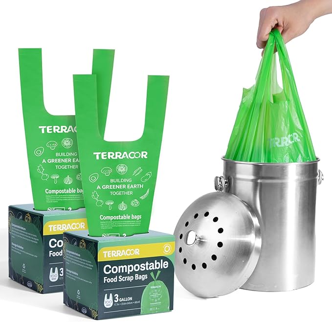 Compost Bags, 3 Gallon Compostable Food Scrap Bags Handle Tie, Certified by BPI by TerracorPackaging