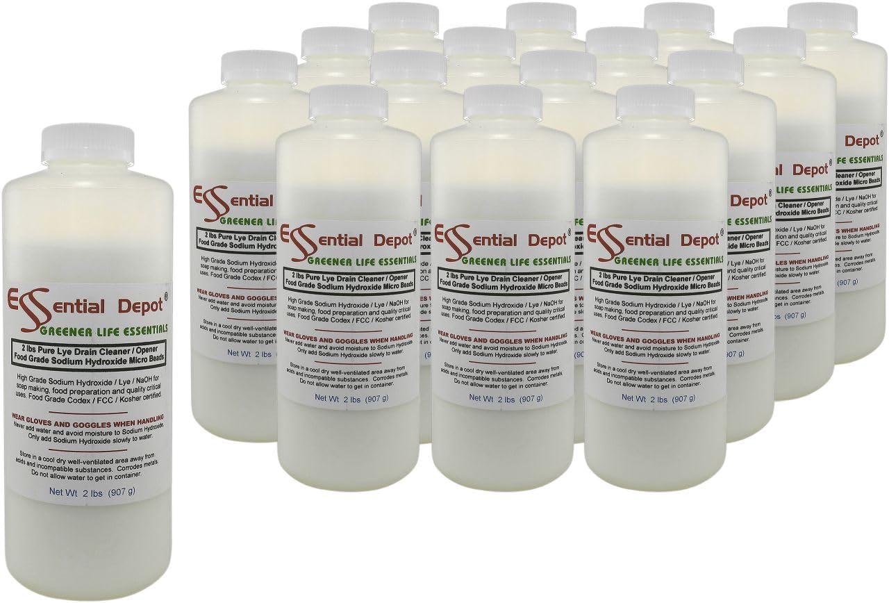Essential Depot 32 lbs Food Grade Sodium Hydroxide Lye Evenly-Sized Micro Pels (Beads or Particles) - 16 x 2lb Bottles - Lye Drain Cleaner - HDPE Container with Resealable Child Resistant Cap