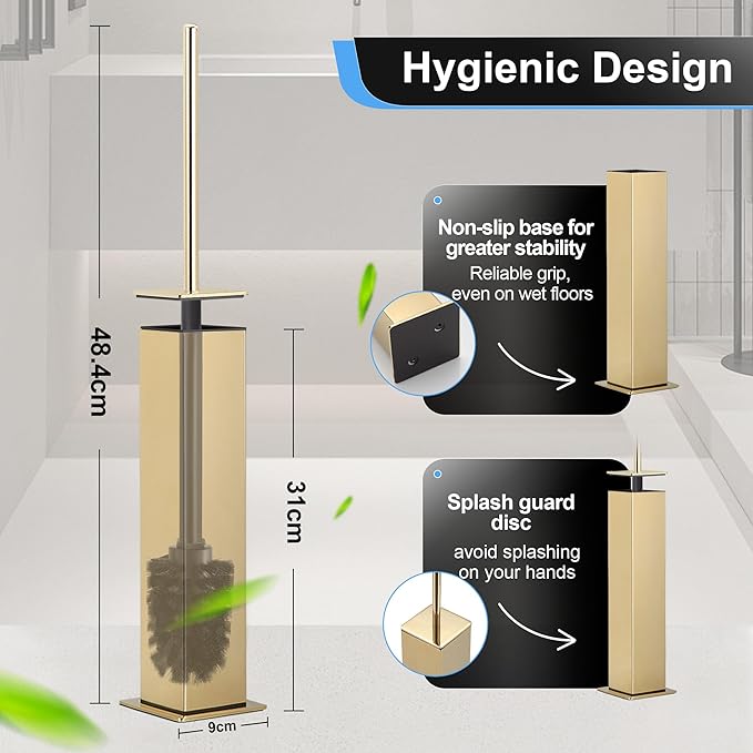 BVL Toilet Brush and Holder Set Gold Stainless Steel 304 Square Freestanding - Image 4