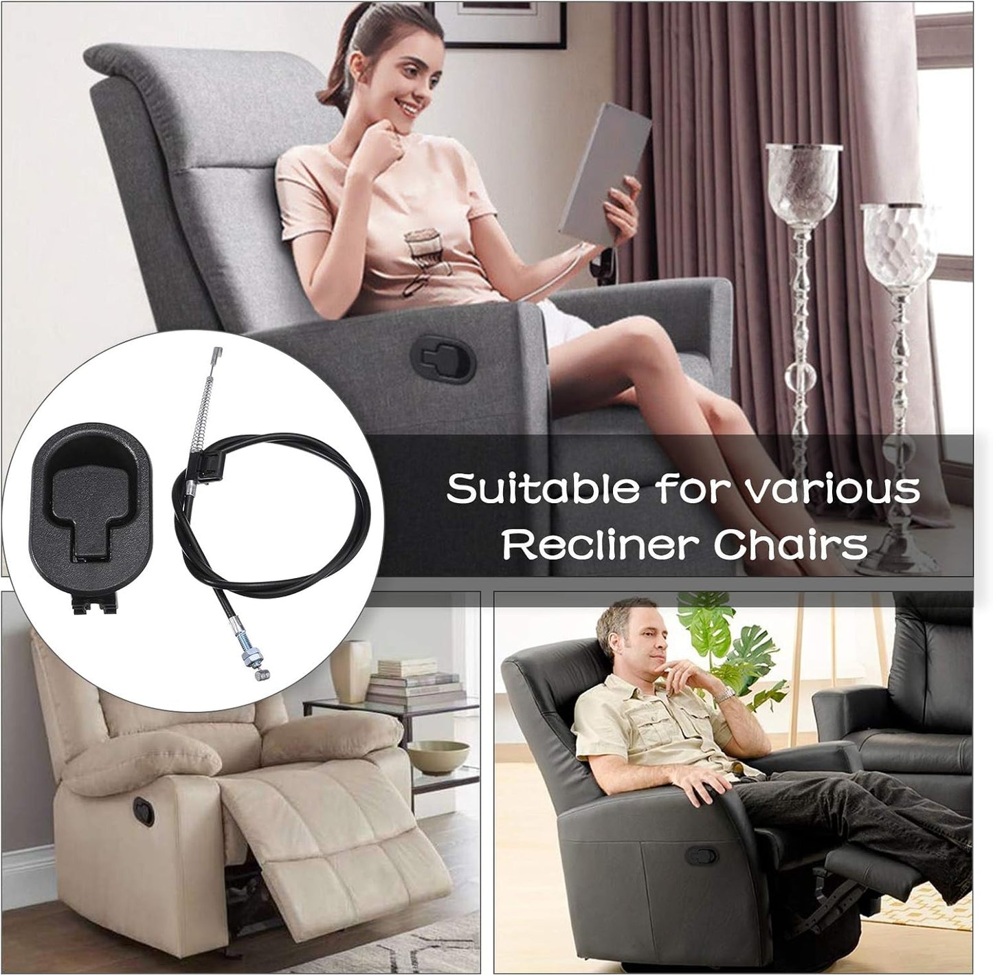 2 Set Recliner Replacement Parts, Durable Recliner Release Pull Handle with Recliner Pull Cable, Repair Replacement Parts Compatible with Most Furniture of Recliner Chair Sofa Couch