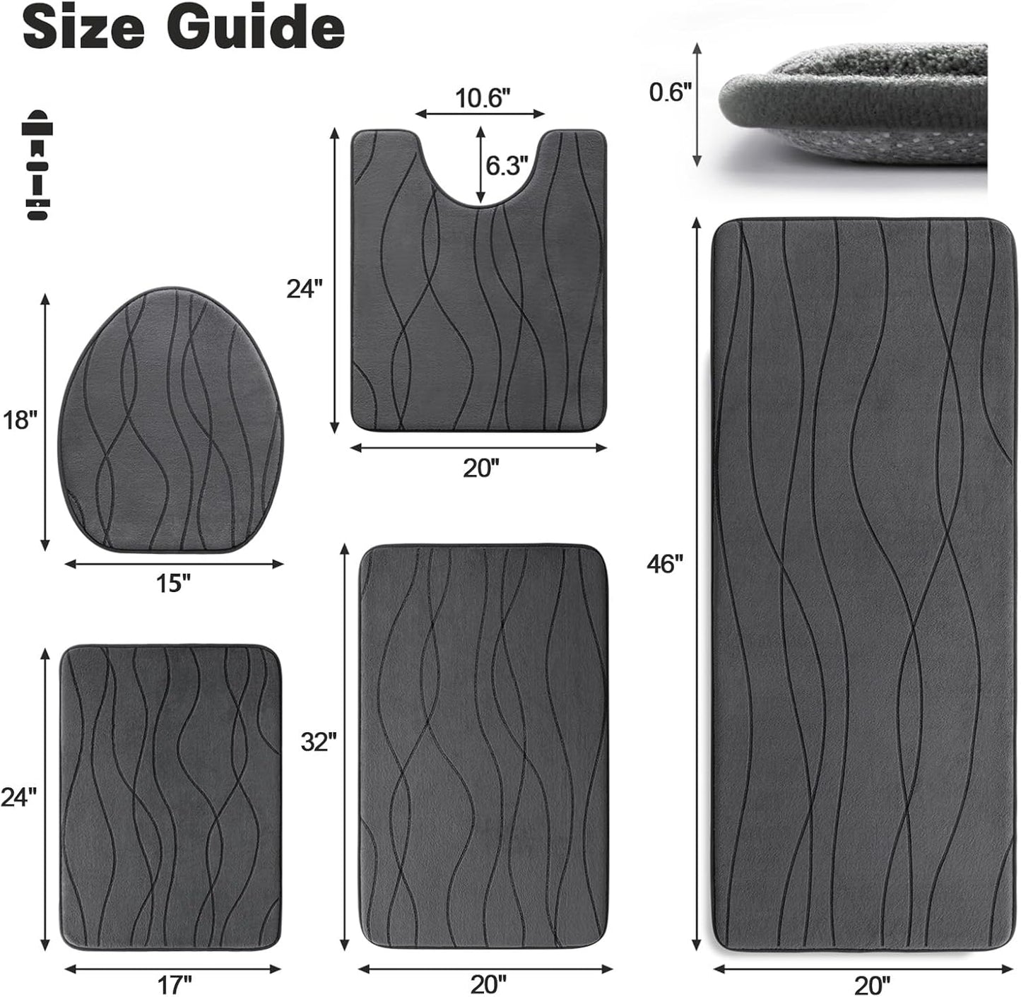 YIHOUSE Memory Foam Bathroom Rugs Sets, Dark Grey, 5 Piece | Ultra Soft, Absorbent, Non-Slip, Machine Washable,