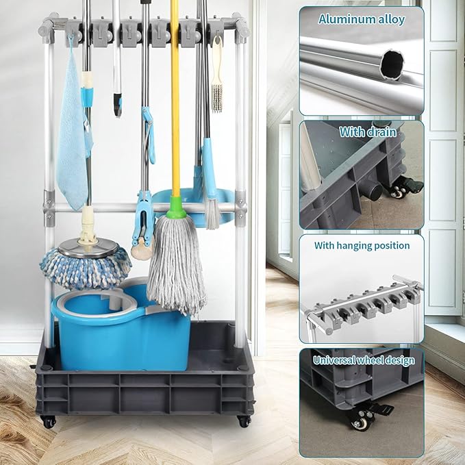 Broom And Mop Holder Put Wet Mops Movable Floor-Mounted Mop Rack Floor Standing