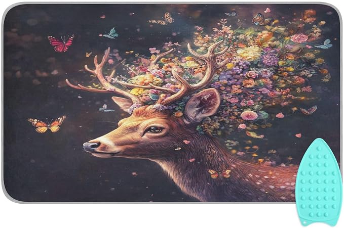 Deer with Butterfly Floral Ironing Mat Thickened Ironing Blanket Travel by QwThum