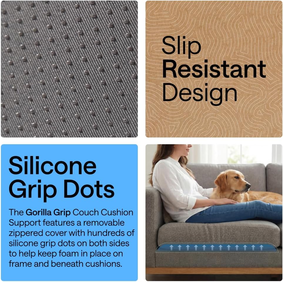 GORILLA GRIP Ergonomic High Density Couch Cushion Support Foam, Quick Rebound Sofa Lifters for Sagging Cushions, Stays in Place with Grip Dots, Replacement Stuffing, 20x19x1.75 Inches, 1 Pack, Gray