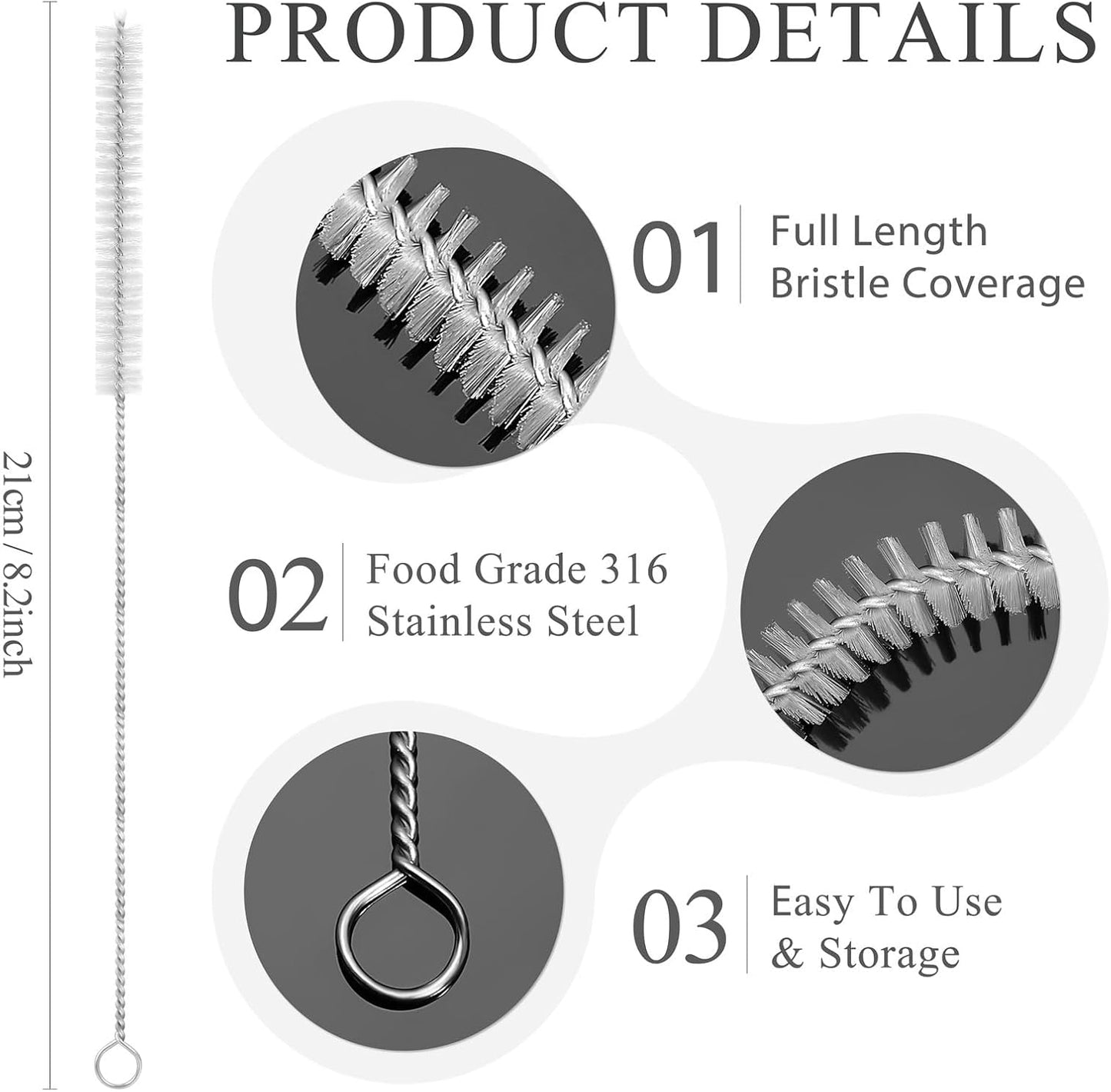 Straw Cleaner Brush, Reusable Metal Handles Straw Cleaning Brush Extra Long for Mug 40, 30, 20 oz, 10mm 15mm Wide for Sippy Cup, Water Bottle and Tubes Pipe