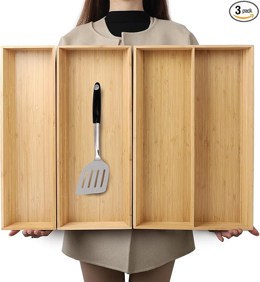 V-Shaped Bamboo Drawer Organizer Set of 3, Kitchen Large and Long Utensil Plate by BAMOTTOCRAFTBAMBOO