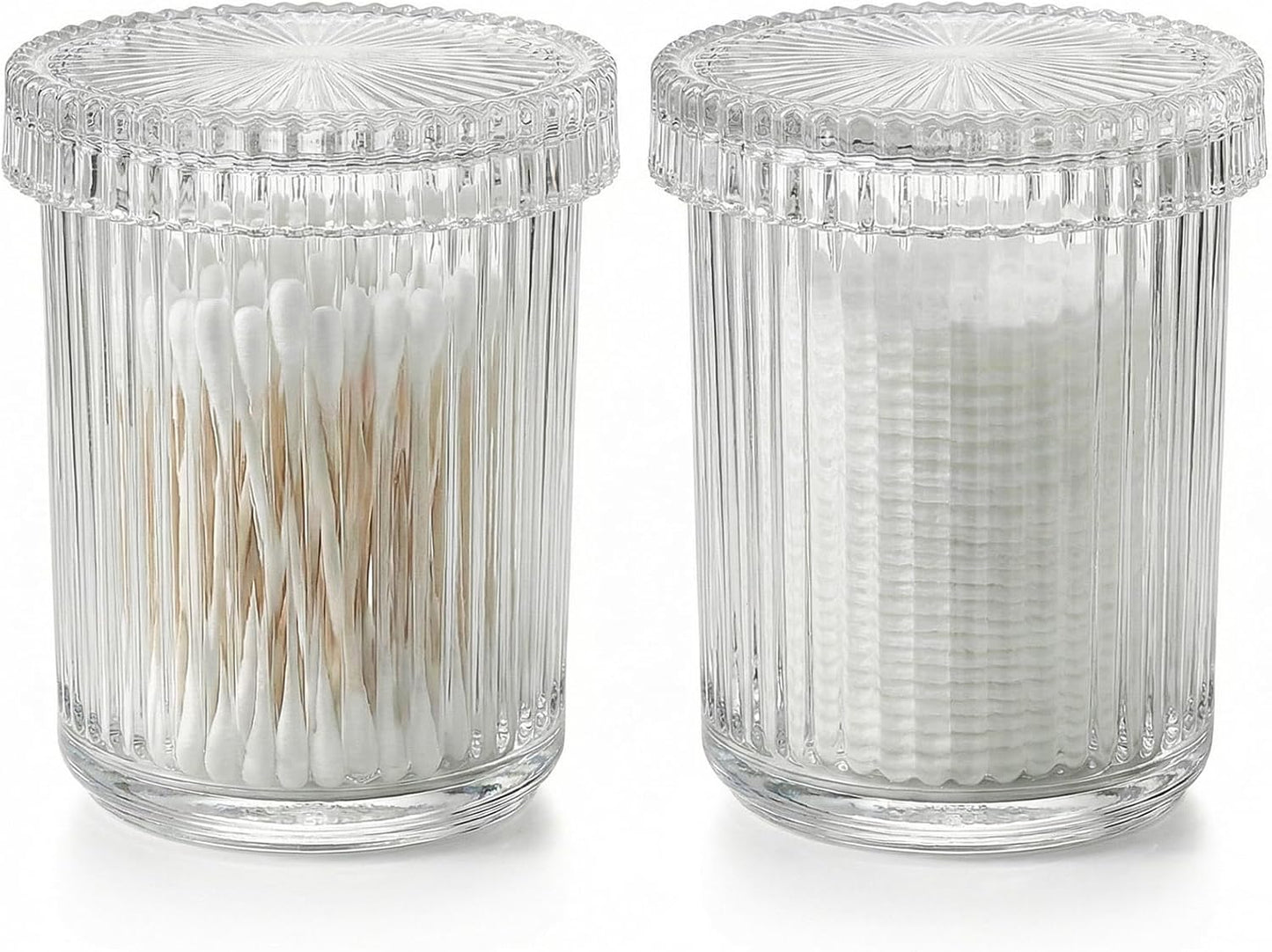 rejomiik 2 Pack Qtip Holder Glass Apothecary Jars with Lids, Ribbed Clear | Bathroom Canisters Vanity Organizer for Cotton Swabs, Balls, Pads, Floss Picks, Candy, Jewelry, Makeup Storage, Decor