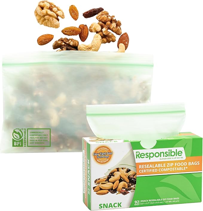 Responsible Products Certified Compostable SNACK Resealable Zip Bag, Extra by ResponsibleProducts%C2%AE