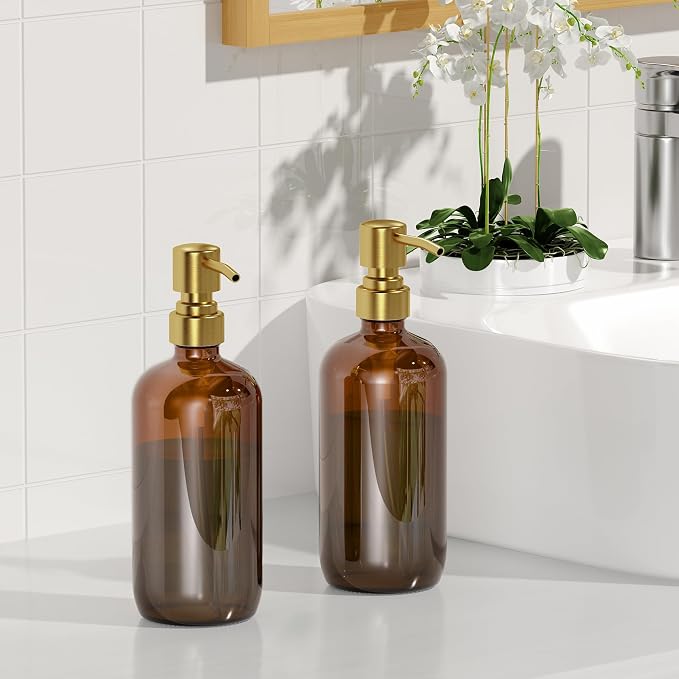 AmazerBath Amber Glass Soap Dispenser, 2 Pack Vintage Brown Bottle - Image 6
