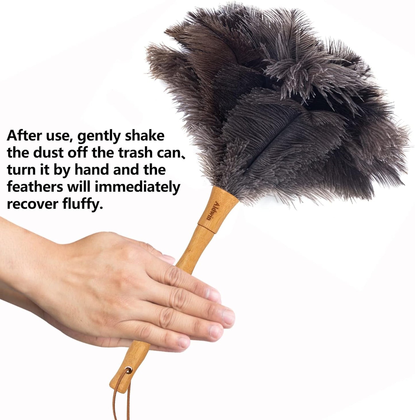 Aldwin Ostrich Feather Duster, 16 inch Ostrich Feather Duster with Wood Handle Reusable, Fluffy Natural Genuine Handheld Feather Duster for Cleaning Supplies, Home, Car, Office
