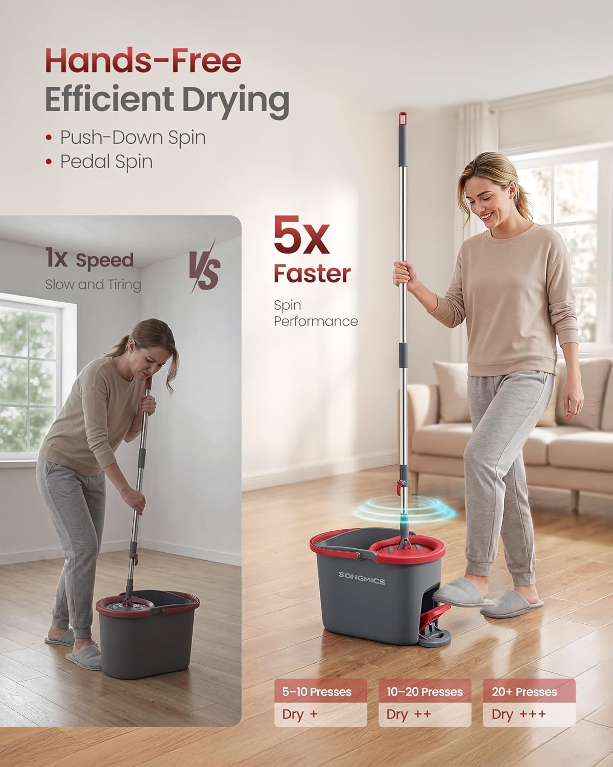 SONGMICS Spin Mop and Bucket Set with Pedal Wringer, Floor Cleaning Mop, Adjustable Telescopic Handle, Max. 59.1-Inch Length, 360° Rotating Head, 4 Microfiber Pads, Gray and Red ULMB002GT04