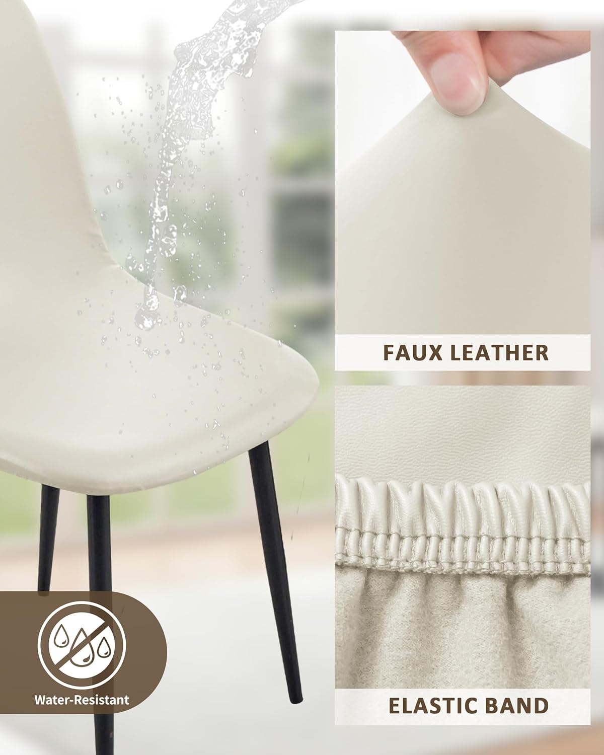 FUANGUI Waterproof PU Leather Mid Century Modern Dining Chair Cover Set of 4, Stretch Covers for Shell Dining Chairs, Lounge Armless Chairs Slipcover for Kitchen Living Room Side Chairs -Off-White