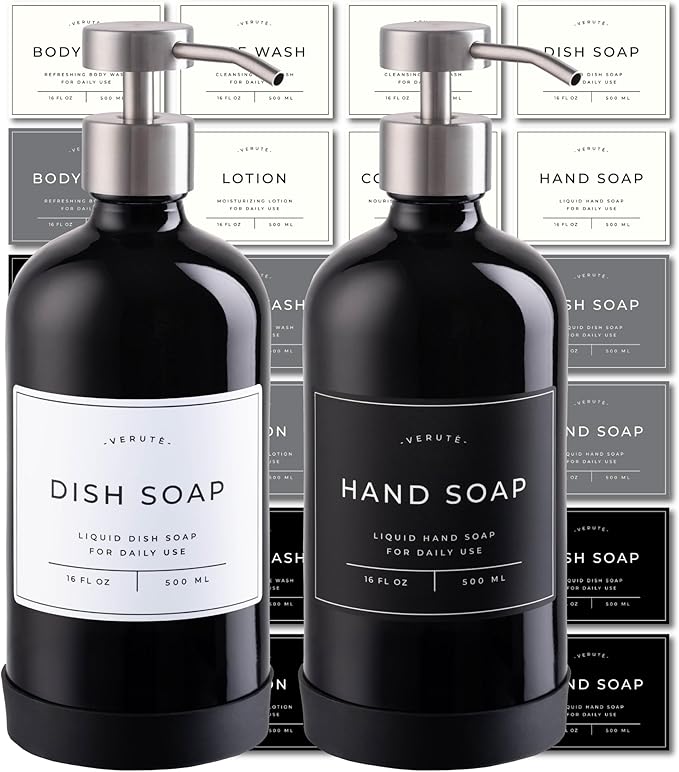 16oz Glass Soap Dispenser with Stainless Steel Pump, 21 Waterproof Labels by Verute