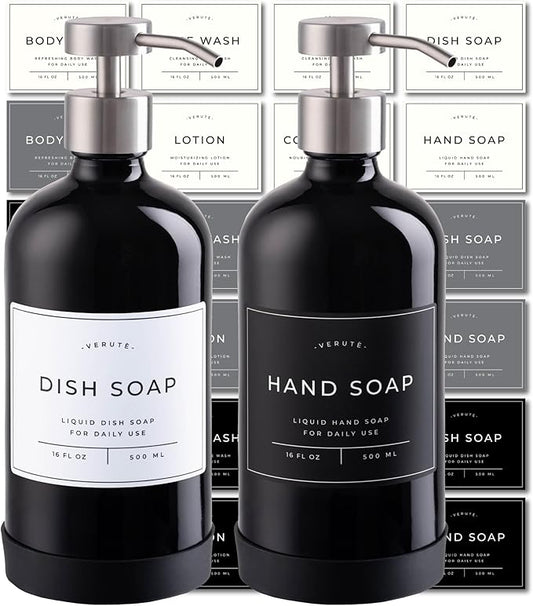 16oz Glass Soap Dispenser with Stainless Steel Pump, 21 Waterproof Labels by Verute