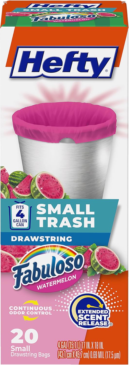 Hefty 4 Gallon Small Trash Bags, Pink, Fabuloso Watermelon Scent, 20ct | Drawstring Closure, 4G Small Pink Trash Bags for Bathrooms, Dorm Rooms, Home Offices, Scented, Continuous Odor Control