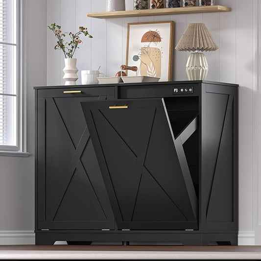 Tilt Out Trash Can Cabinet for 2 Bins, Hidden Recycle Garbage Bin Enclosure by BORNOON