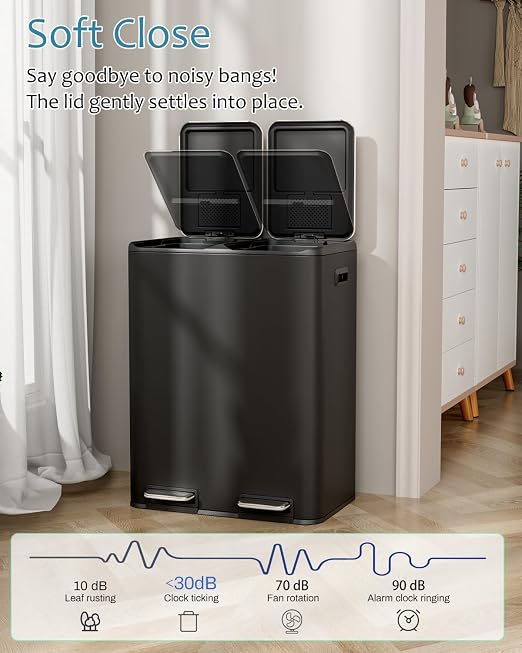 16 Gal Dual Trash Can, Stainless Steel Kitchen Garbage Bin, Recycle Dustbin - Image 3