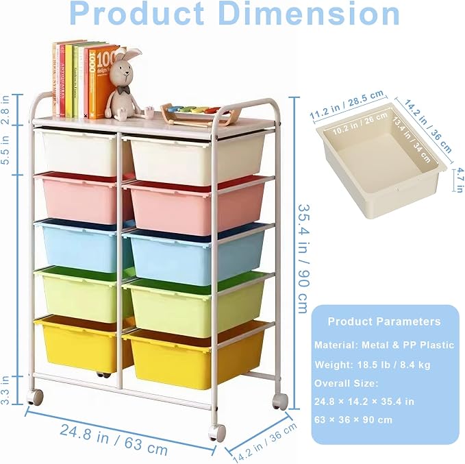 10 Drawers Rolling Storage Cart, Plastic Drawer Cart - Image 3