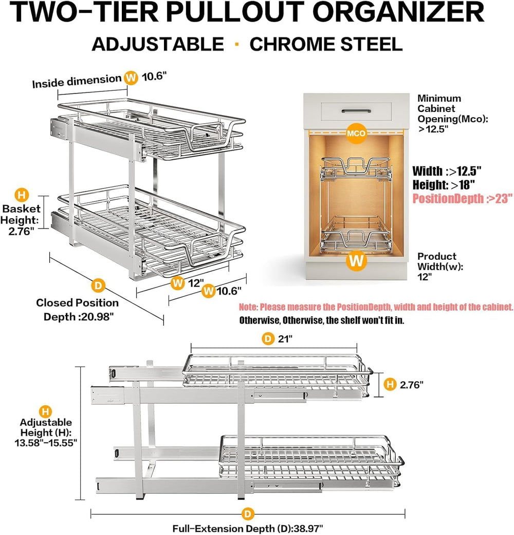 2-Tier Kitchen Cabinet Pull Out Shelf and Drawer Organizer Slide Out Pantry S...