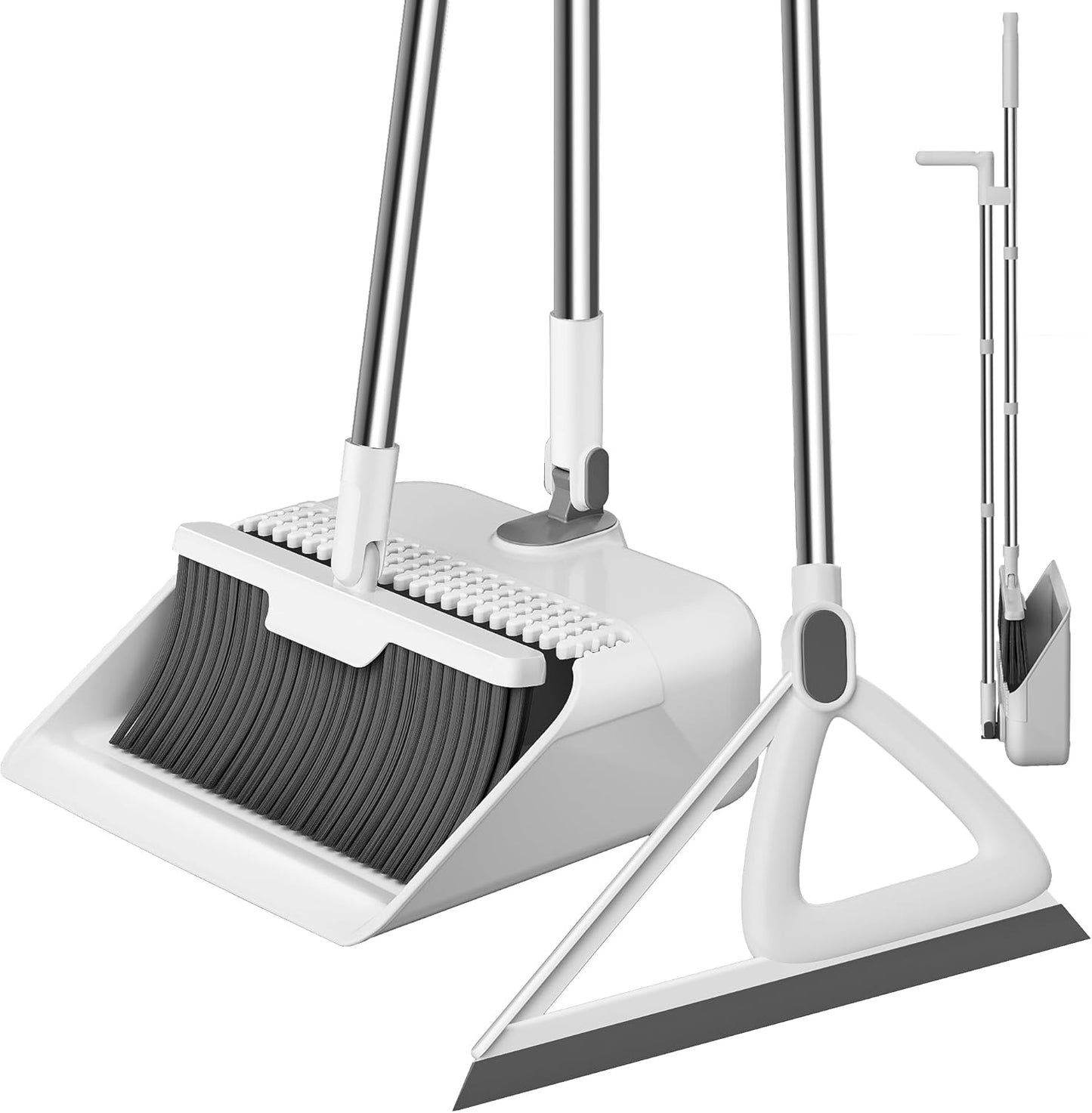 3 Pieces 52'' Broom with Dustpan Combo Set and Silicone Air Broom Kit, Long Handle Broom and Dustpan Sets with Teeth, Upright Storage Household Broom and Dustpan Sets Light Gery