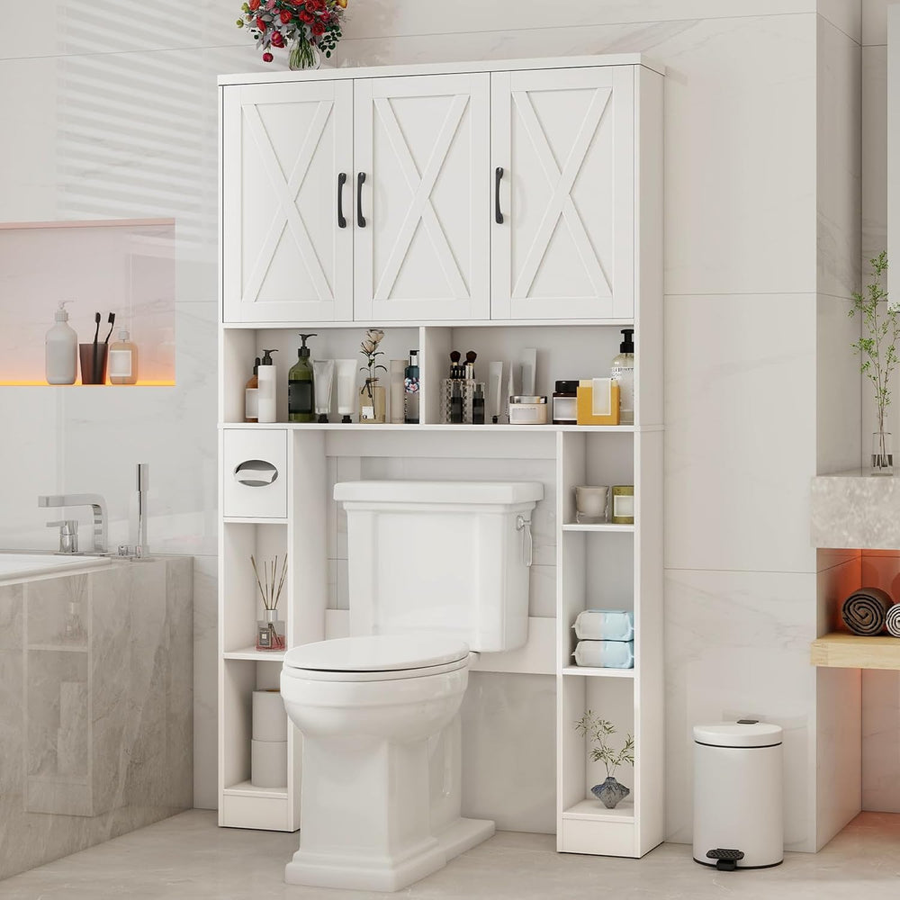 Vabches Over The Toilet Storage Cabinet with 3 Barn Doors.White