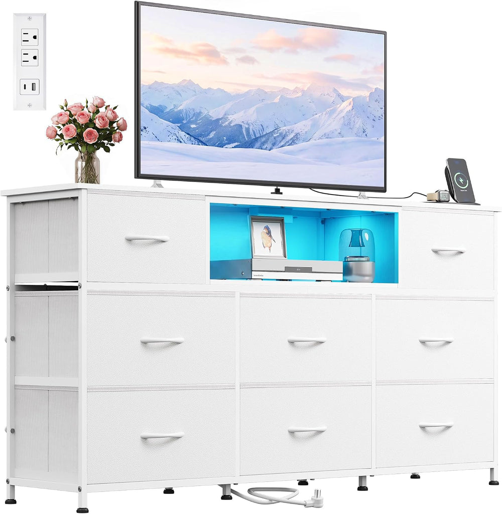 WLIVE LED Dresser TV Stand for 65 Inch TV, 8 Drawers, White