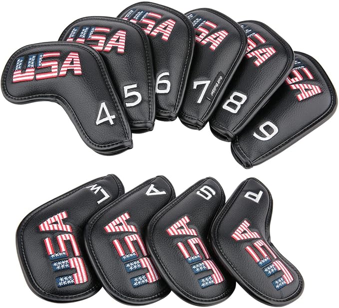 Golf Builder Black Leather USA Golf Club Iron Wedge Head Covers Fit All Brands by Golf+Builder