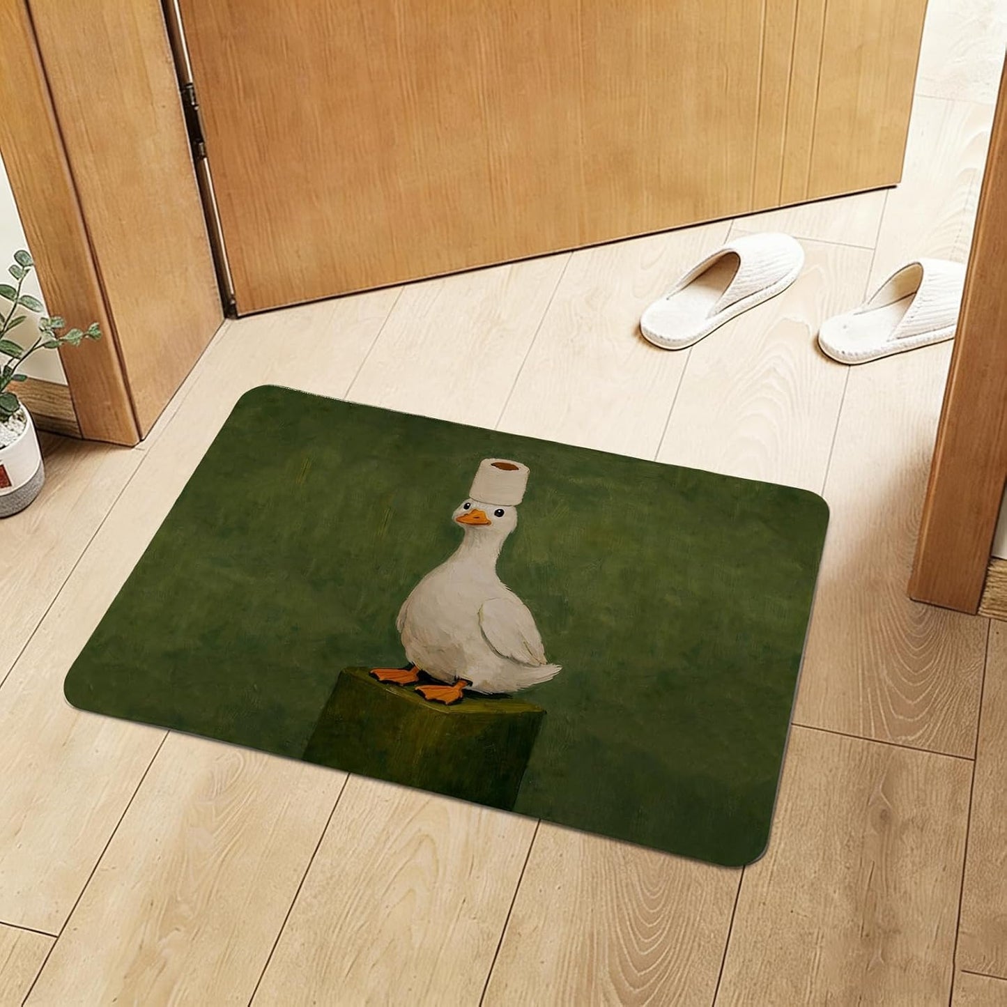 Green Funny White Duck Kitchen Mat,Playful Duck with Toilet Paper Roll Bathroom Mat,Cute Animal Decorative Mats Rug for Bathroom Dressing Table Shower Tub Kitchen Entry Door,24x16Inch
