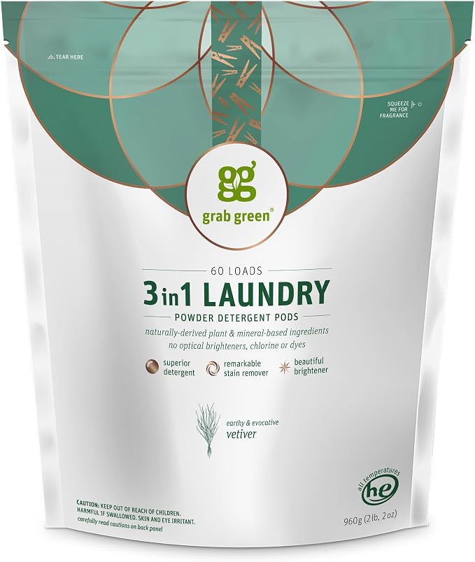 Grab Green 3-in-1 Laundry Detergent Pods, Vetiver Scent, Plant and Mineral Based by GrabGreen