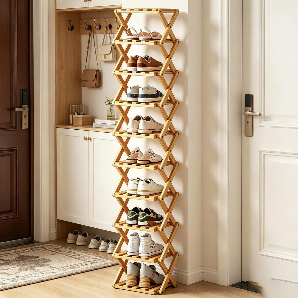 10 Tier Bamboo Shoe Rack, Foldable 10 Tier Bamboo Corner Shoe Rack,Small Shoe...
