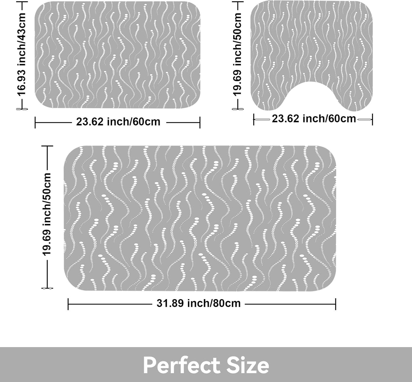 Bath Mat Set of 3, Grey and White Modern Soft & Super Absorbent Quick Dry Shower Mat,Non-Slip Rubber Backed Bottom, Thin Washable Bathroom Rug for Toilet, Tub, Sink, Restroom Decor