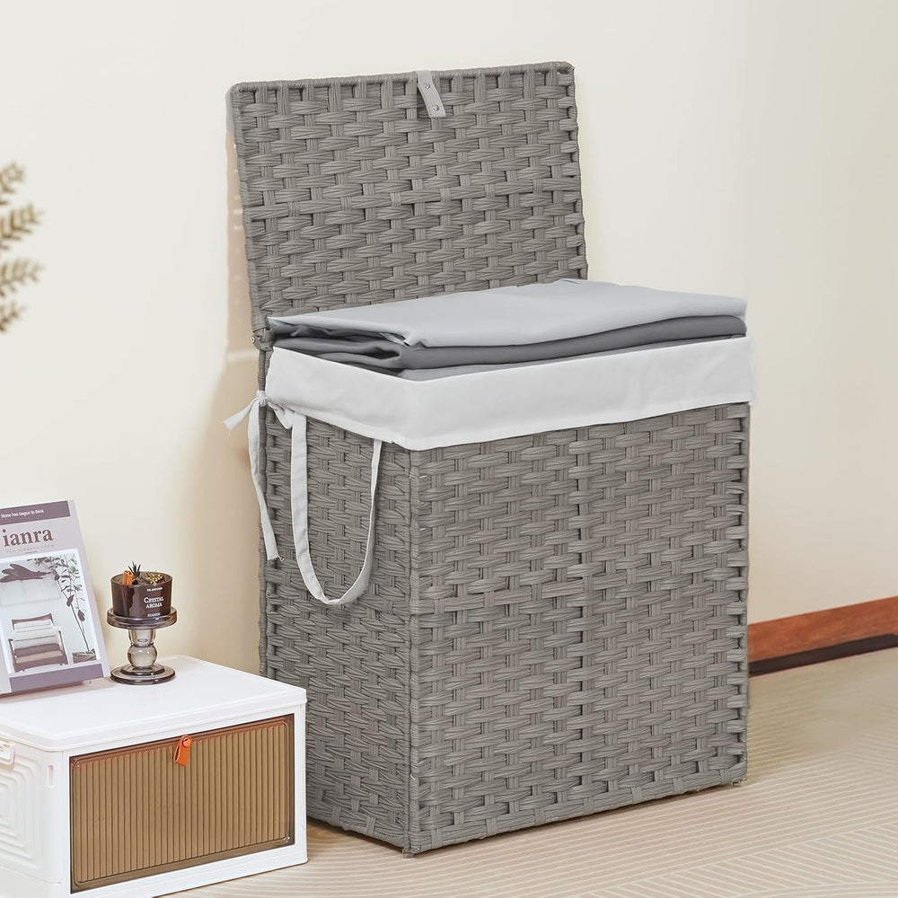 110L Laundry Hamper with Lid, Hand-Woven Pp Rattan Laundry Basket with Compar...