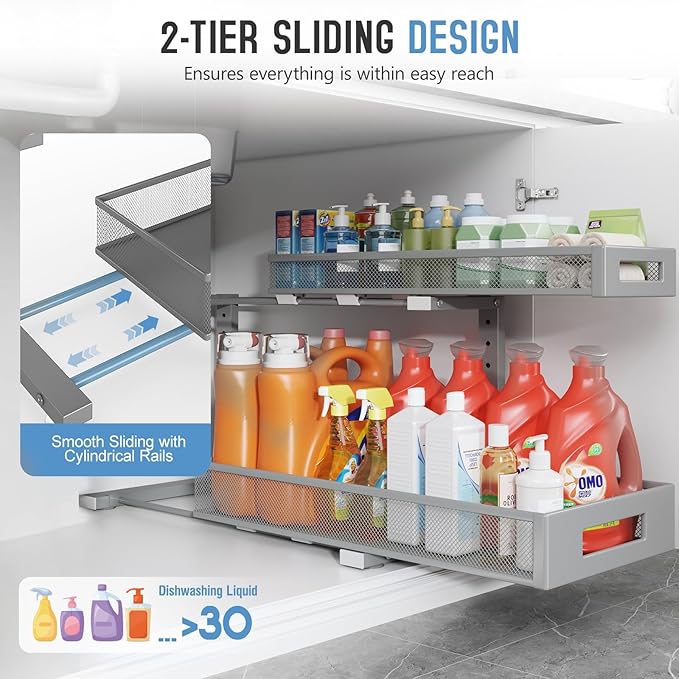 2 Pack 20.47IN Depth Under Sink Storage Organizer, Large 2-Tier Elegant Mesh - Image 4