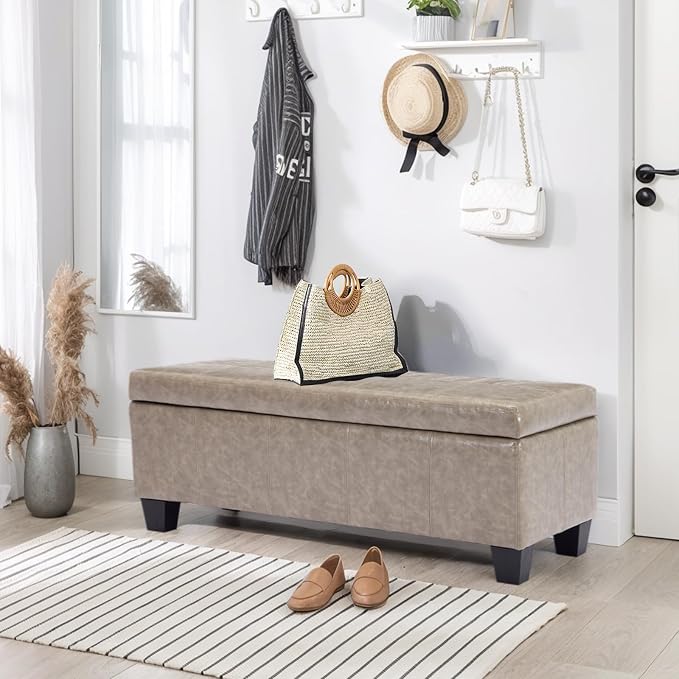 Faux Leather Ottoman with Storage, 42 Inch Rectangular Storage Ottoman Bench - Image 5