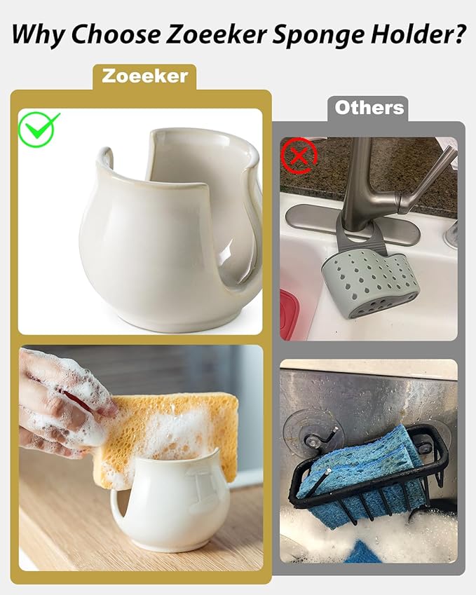 Sponge Holder for Kitchen Sink Counter, Ceramic Dish Sponge Caddy White Sink - Image 3