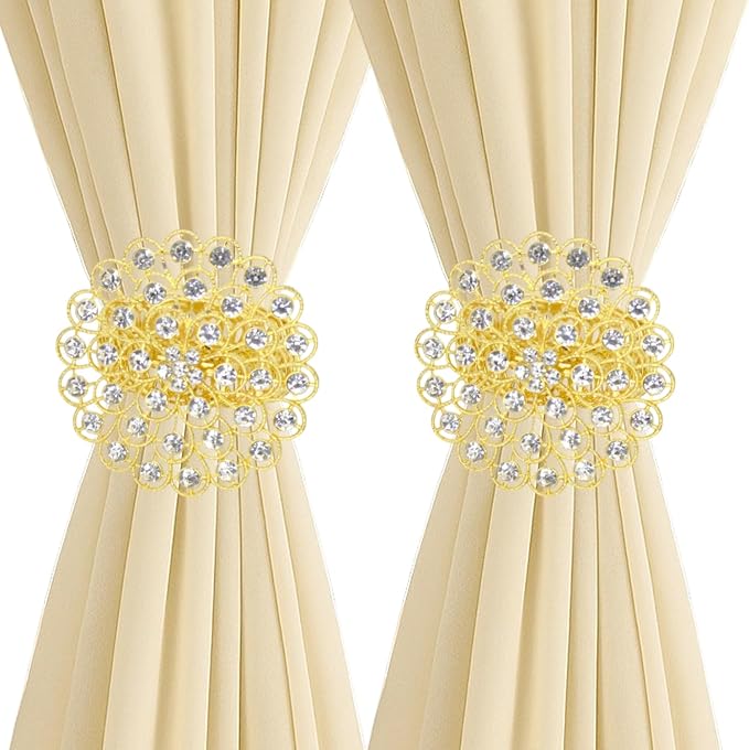 2 Pack Crystal Flower Curtain Tiebacks – Decorative Spring Wire Buckle Clips by Aimery