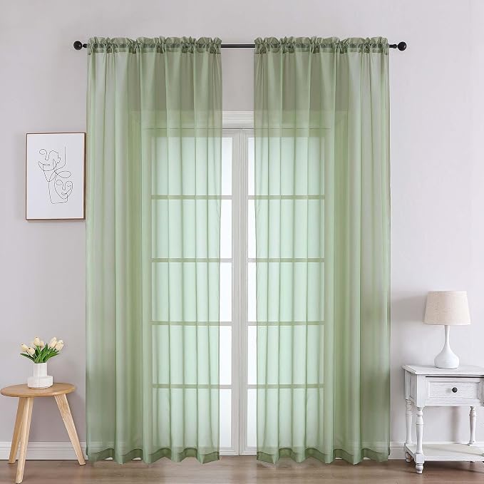 Chyhomenyc Sage Green Sheer Curtains 90 Inches Long 2 Panels, Light Filtering by Chyhomenyc