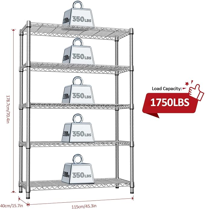 IZEUK 1750LBS Garage Shelving Wide Storage Shelves 5 Tier Metal Shelves Heavy - Image 3