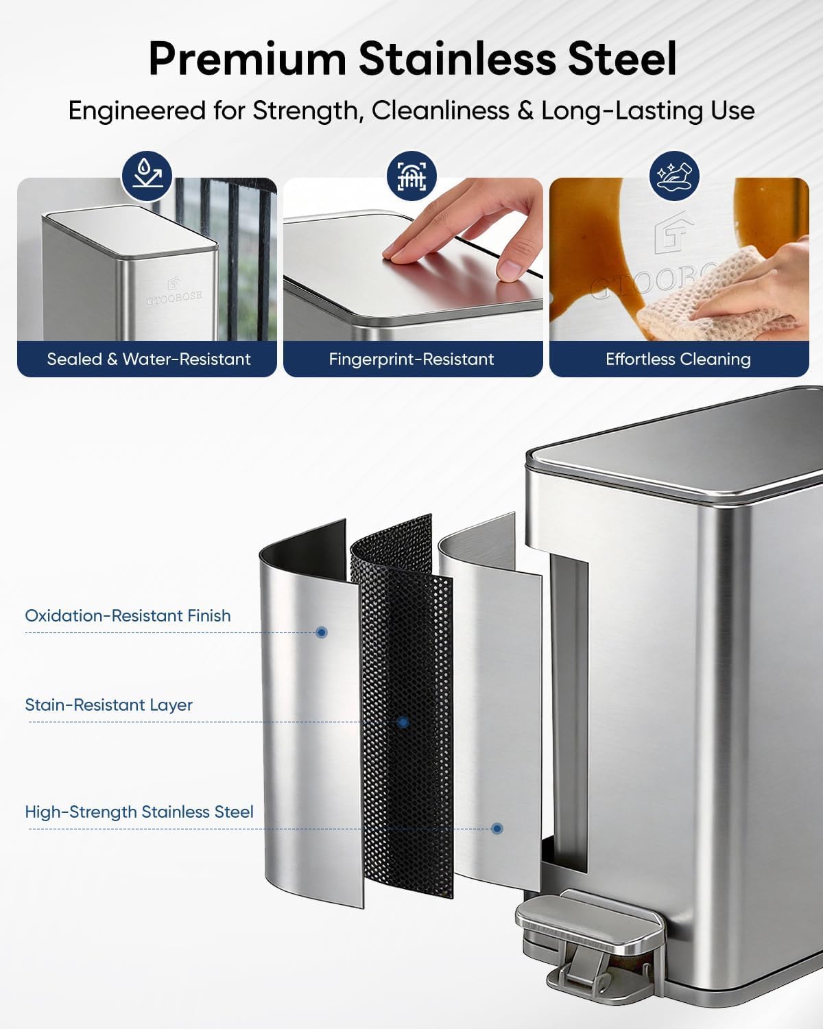 6L/1.6G Slim Bathroom Trash Can, Narrow Stainless Steel Soft-Close Step Pedal Bin with Lid, Odor-free Carbon Box, Removable Inner Bucket, Matte Small Waste Bin for Bedroom, Office, RV(Silver)