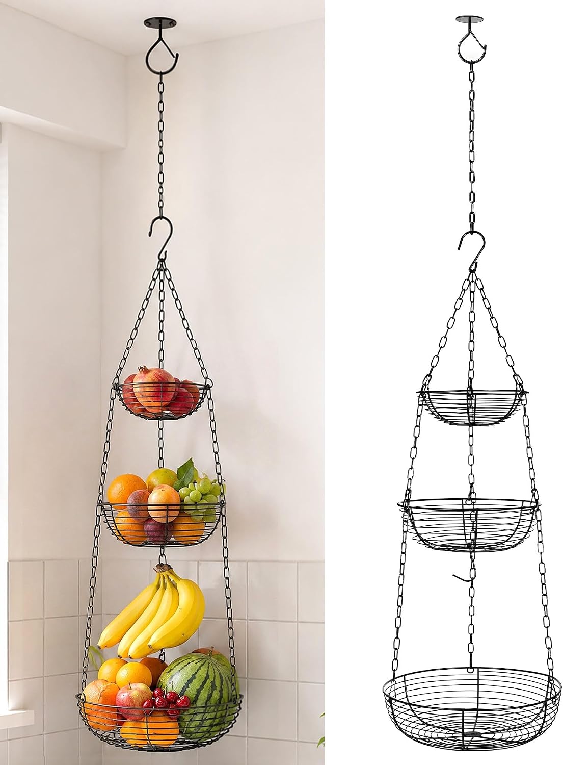 Hanging Fruit Basket for Kitchen, 3-Tier Hanging Fruit Basket | Easy Installation, Ceiling Hook Included, Adjustable Chain, Removable Baskets, Banana Hook, Produce & Vegetable Organizer