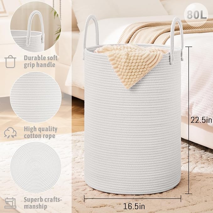 Laundry Basket, Woven Cotton Rope Laundry Hamper, 80L - Image 6