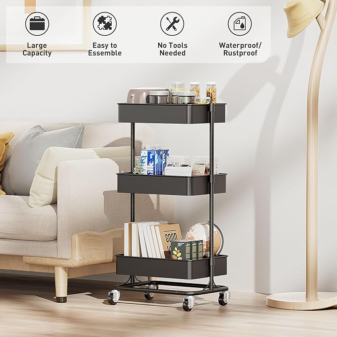 3 Tier Modern Metal Rolling Tool Cart - Image 2