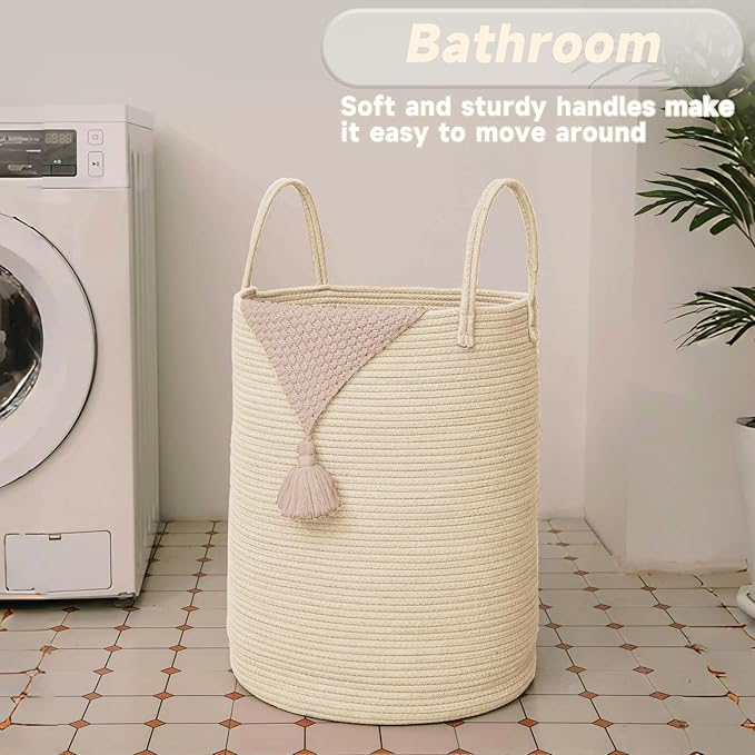 Large Woven Laundry Basket Hamper, 100L Cotton Rope Storage Bin - Image 5