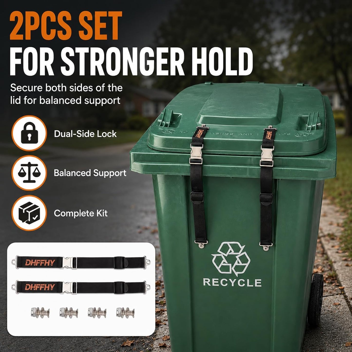 2PCS Heavy-Duty Bear Proof Trash Can Locks - Animal-Proof Lid Straps with Secure Buckle for 28-96 Gallon Outdoor Bins, Anti-Raccoon & Wildlife