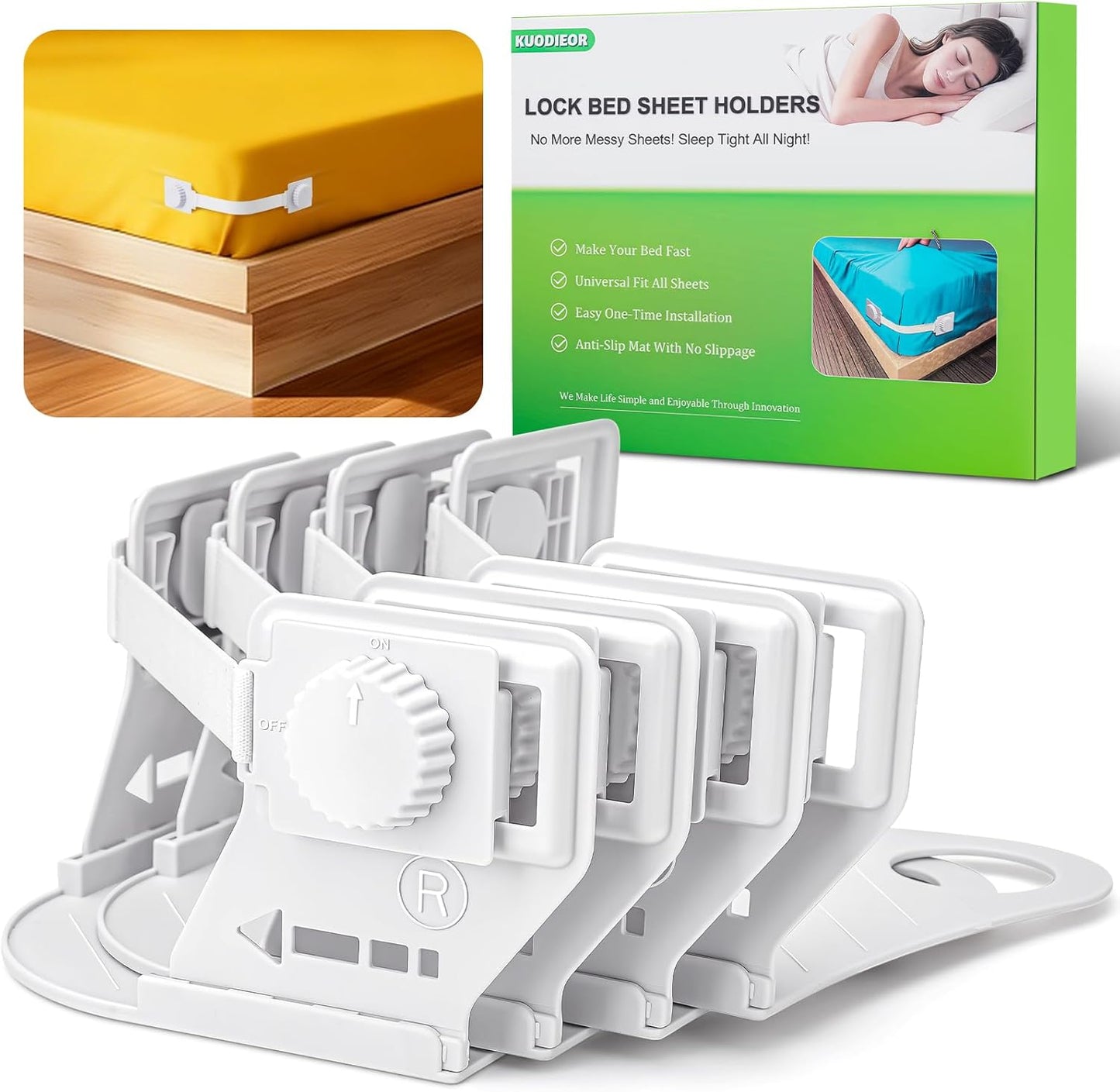 Lock Bed Sheet Holders for Corners, Patented Sheet Straps with Anti-Slip Pads & Knob Locks to Keep Sheets Tight & Neat, 4Pcs Heavy-Duty Bed Sheet Grippers for All Mattress, Easy One-Time Installation