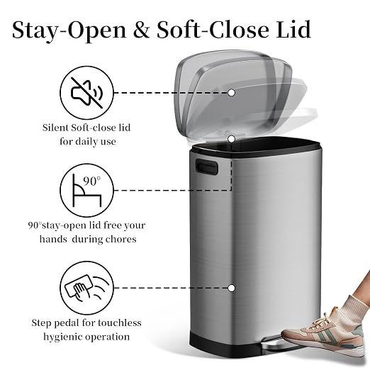 13 Gallon Trash Can with Lid, 50L Fingerprint Proof Stainless Steel Kitchen - Image 4