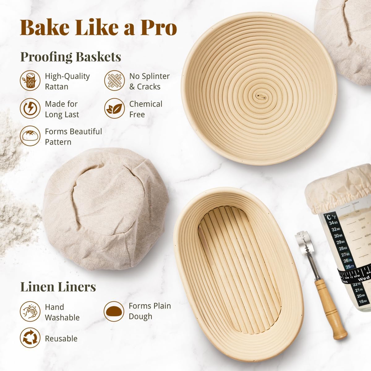 BAVIFY Sourdough Starter Kit, Banneton Bread Proofing Baskets Set | Complete Sourdough Bread Baking Supplies, Beginner Friendly, 9 in Round and 10 in Oval Rattan Banneton & 24 oz Starter Jar