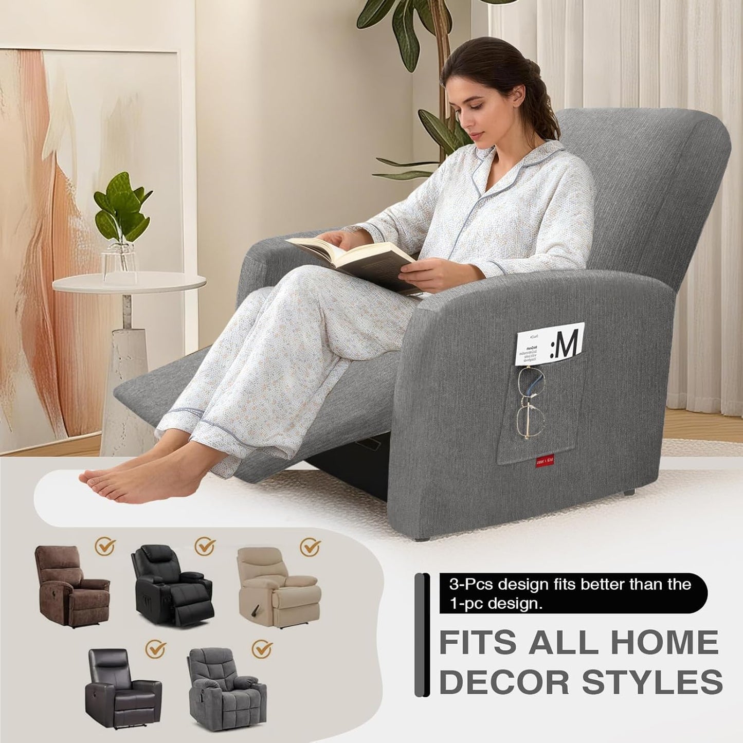3 Pieces Stretch Recliner Chair Covers, Plush Fabric Washable Slipcover for Extra Small Lazy Boy Chairs (Light Gary)