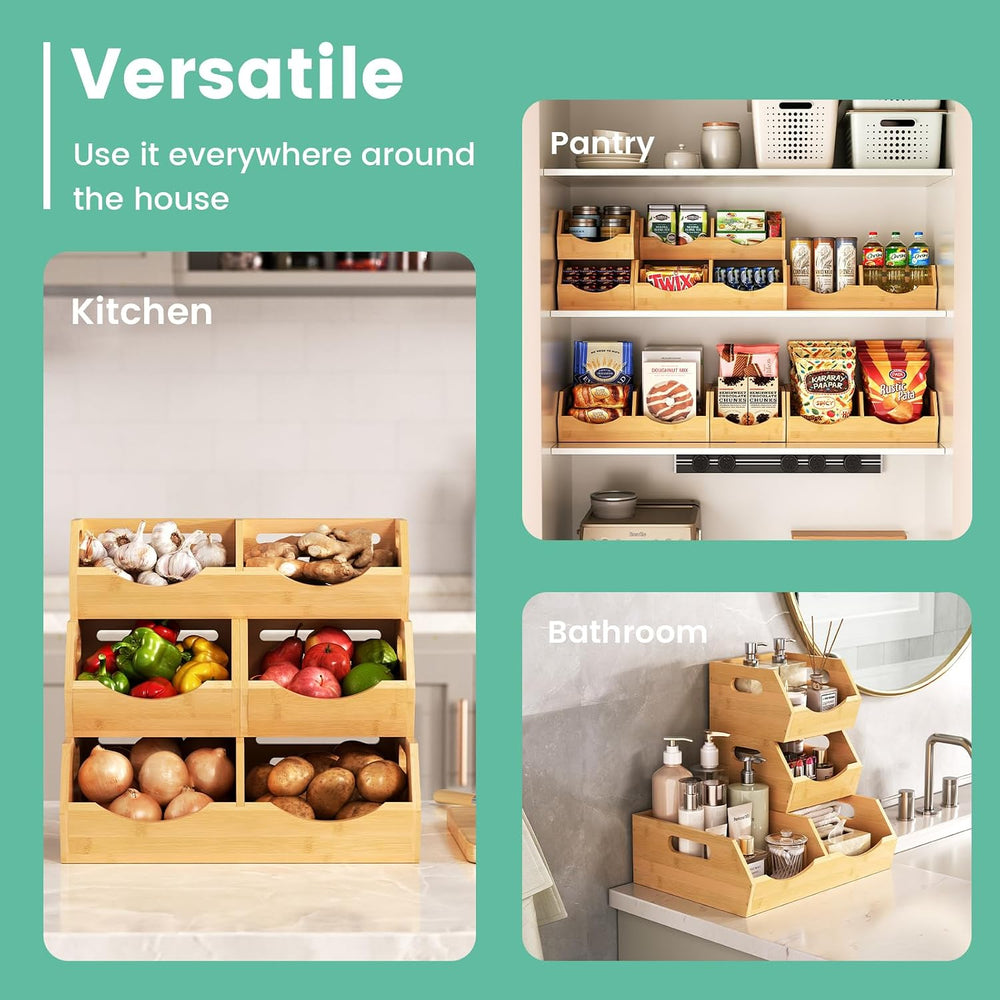 Onion Storage Bins Potato, 3 Tier Bamboo Pantry Storage Bin Stackable Ventila...