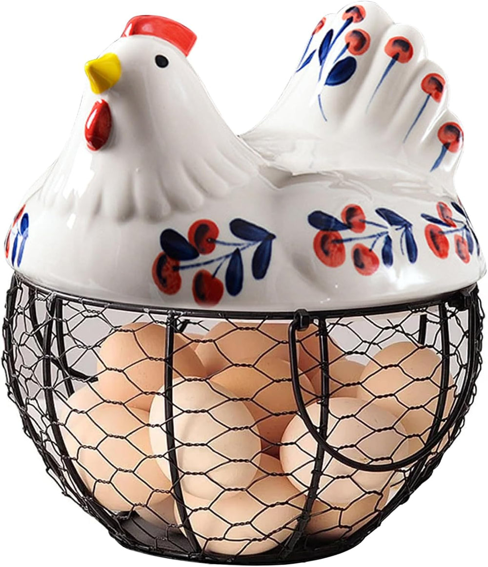 Ceramic Egg Holder, Hollow-Out Wire Chicken Egg Holder with Chicken Shaped Li...